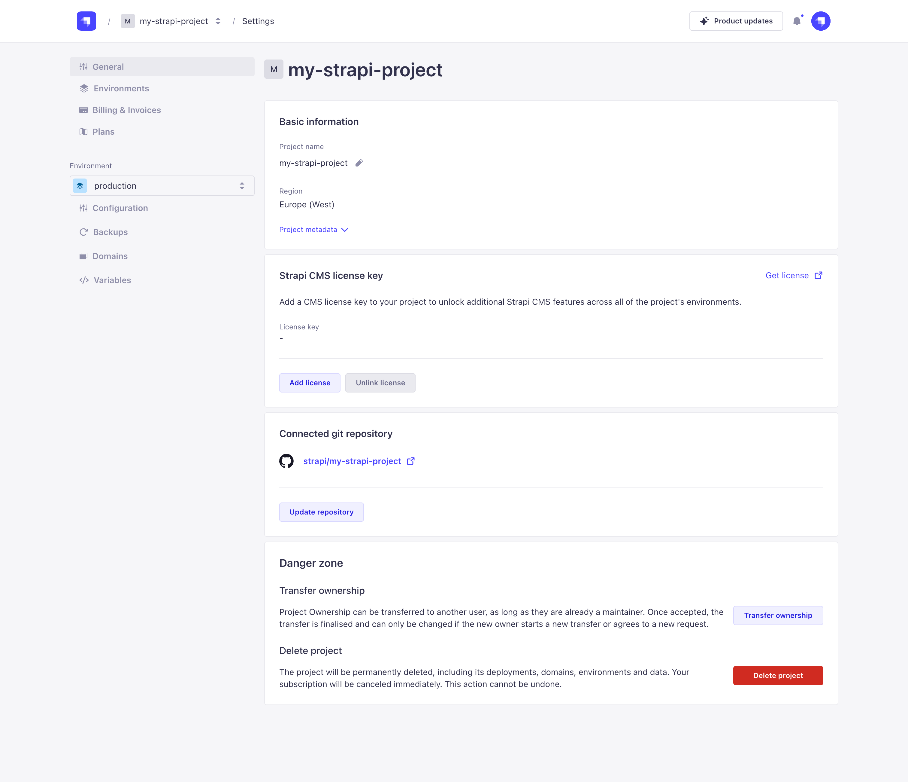 Project settings page